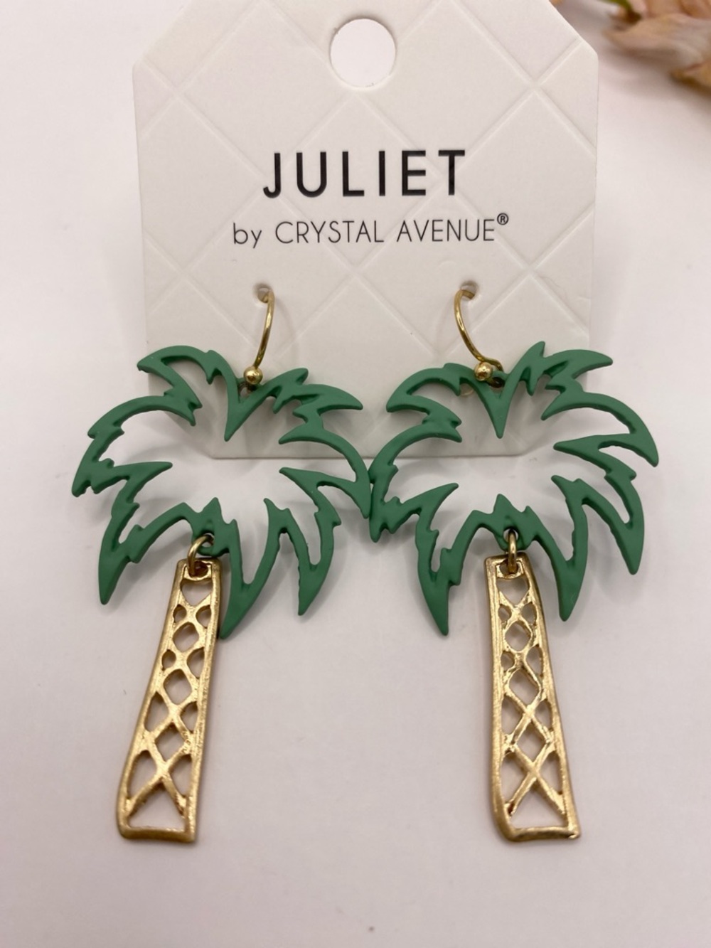 Crystal Avenue Green Palm Tree Dangle Earrings Cutout Tropical Beach Fish Hook